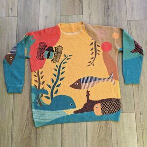 Yesno Graphic Novelty Print Fish Sweater XL/XXL Nautical Pullover Crewneck